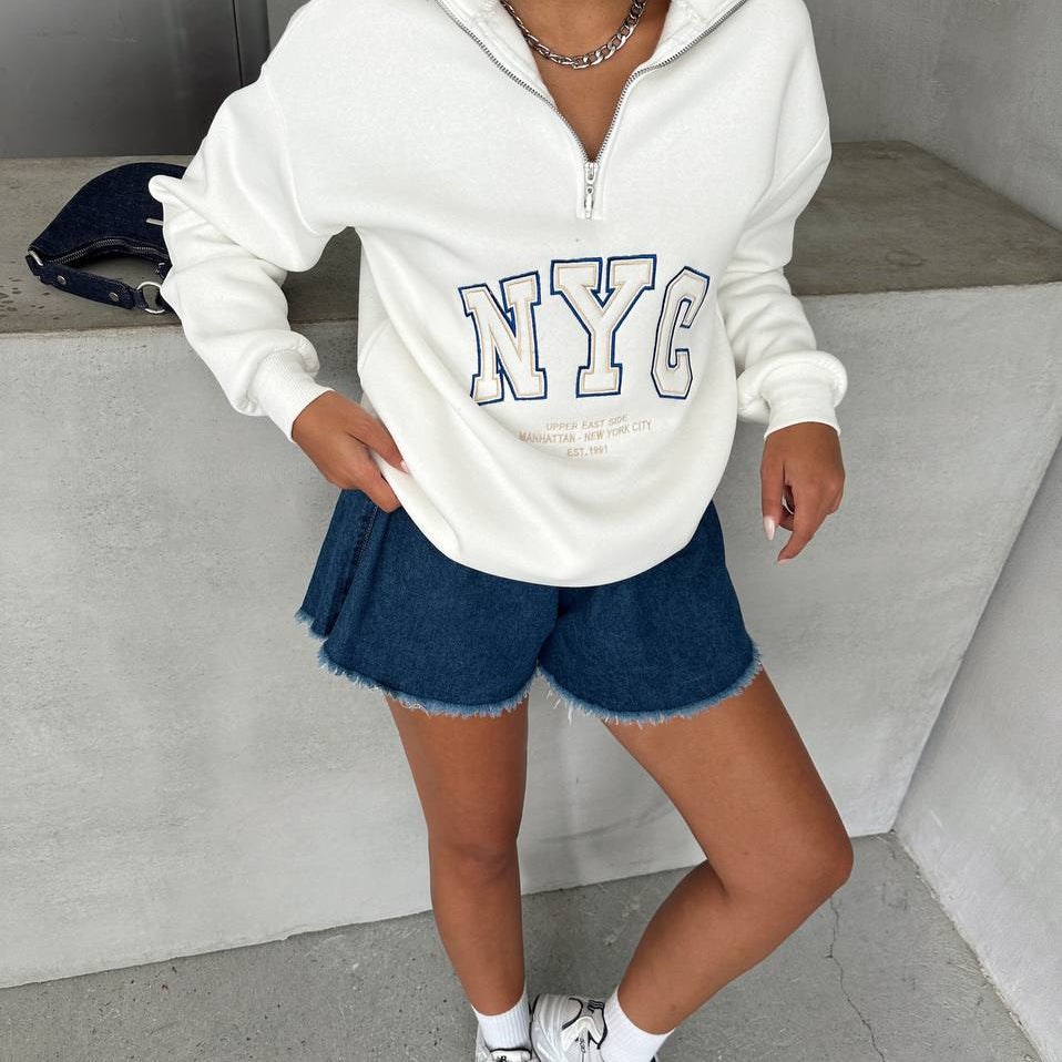 NYC Yazılı Fermuarlı Sweatshirt - Modern ve Rahat Tarzın Simgesi 🏙️